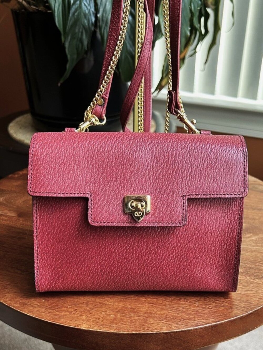 VALENTINO GARAVANI Double Strap Textured Leather Shoulder Bag, Burgundy